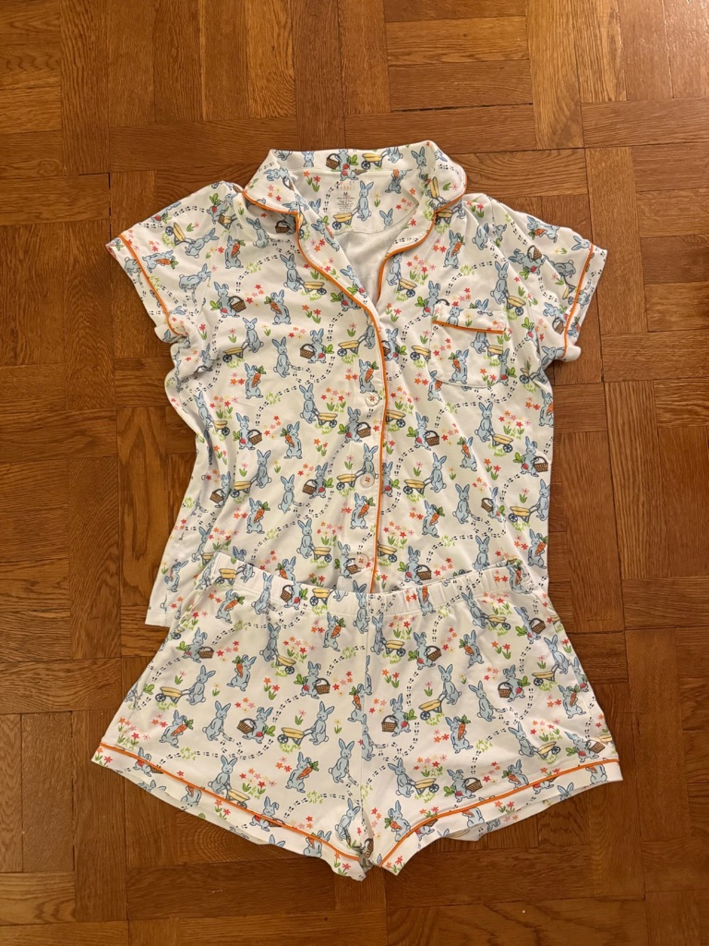 Roller Rabbit Cream Bunny Print Short Pajama Set with Orange Trim